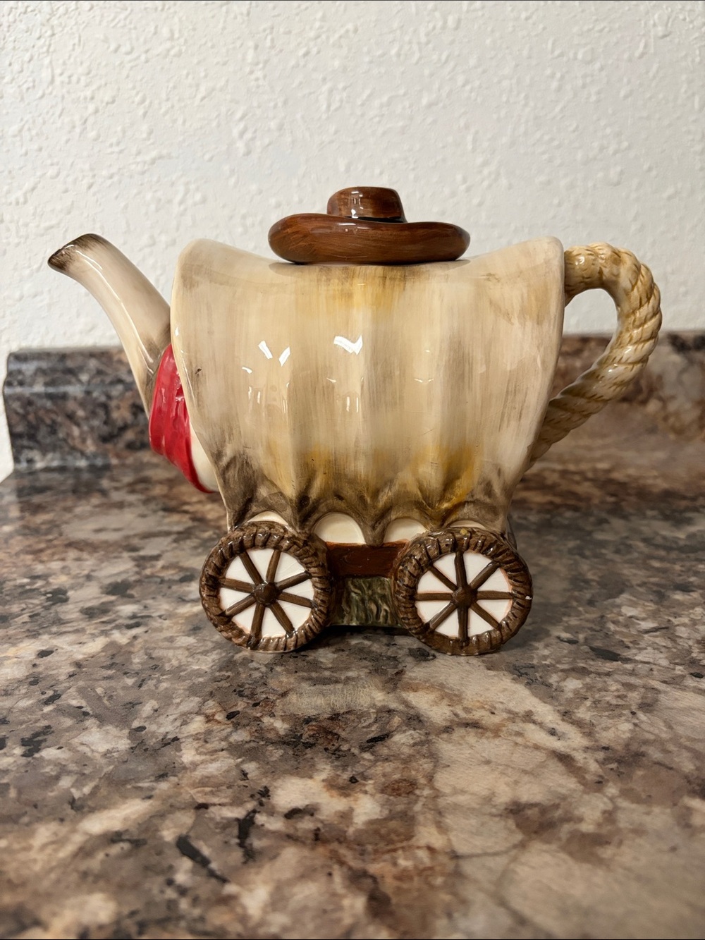 Hallmark Covered Wagon Ceramic Teapot in Beige, Brown, Red